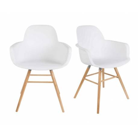 Lot de 2 Fauteuils de Table Résine Blanc et Bois Naturel Albert Kuip Zuiver Assise Chaise 55x59x81,5cm