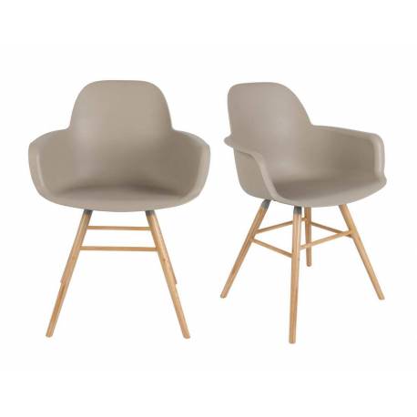 Lot de 2 Fauteuils de Table Résine Taupe et Bois Naturel Albert Kuip Zuiver Assise Chaise 55x59x81,5cm