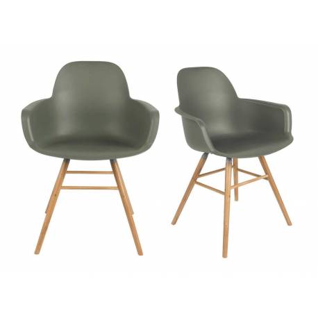 Lot de 2 Fauteuils de Table Résine Vert et Bois Naturel Albert Kuip Zuiver Assise Chaise 55x59x81,5cm