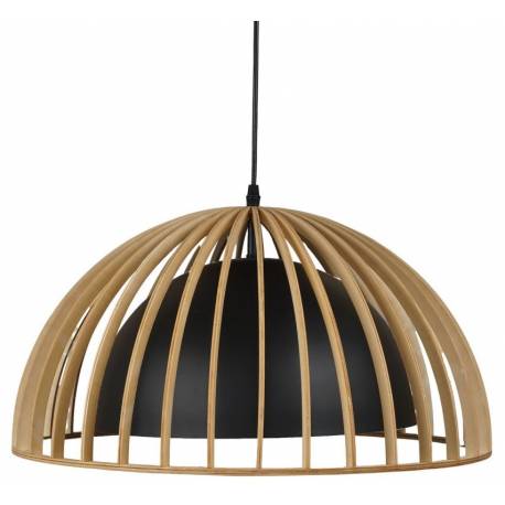 Suspension Double Rayon Athezza Eclairage Moderne Luminaire en Métal Noir et Bois Naturel 50x50cm