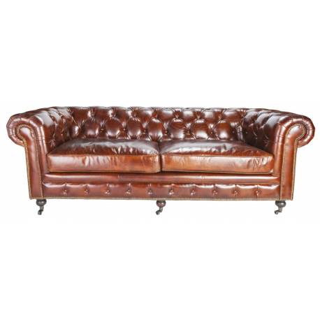 Canapé Chesterfield 3 Places Chocolat Signature Sofa Vintage Assise de Salon en Cuir Couleur Chocolat 77x96x223cm