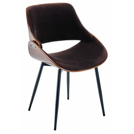 Chaise Mannix Signature Assise de Table Tendance Siège en Velours Marron, Noyer Naturel et Métal Noir 45x46x77cm