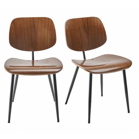 Lot de 2 Chaises Olympia Signature Assises de Table Tendance Sièges en Noyer Couleur Naturelle et Métal Noir 45x46x77cm