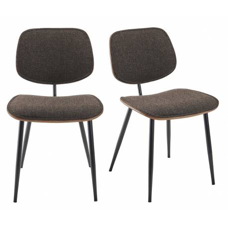 Lot de 2 Chaises Olympia Signature Assises de Table Sièges en Noyer Couleur Naturelle, Métal Noir et Tissu Gris 45x46x77cm
