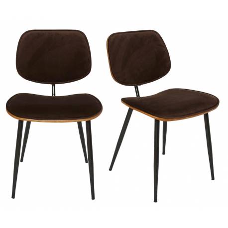 Lot de 2 Chaises Olympia Signature Assises de Table Sièges en Noyer Couleur Naturelle, Métal Noir et Velours Marron 45x46x77cm