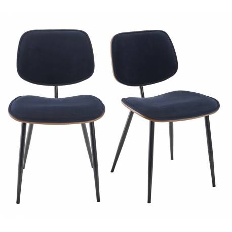 Lot de 2 Chaises Olympia Signature Assises de Table Sièges en Noyer Couleur Naturelle, Métal Noir et Velours Bleu 45x46x77cm