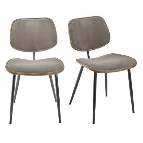 Lot de 2 Chaises Olympia Signature Assises de Table Sièges en Noyer Couleur Naturelle, Métal Noir et Velours Gris 45x46x77cm