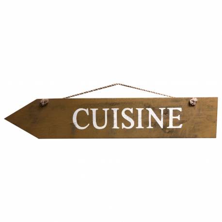 Plaque Murale "Cuisine" Athezza Décoration à Suspendre Ecriteau en Bois Jaune et Corde Naturelle 2x14,5x52cm