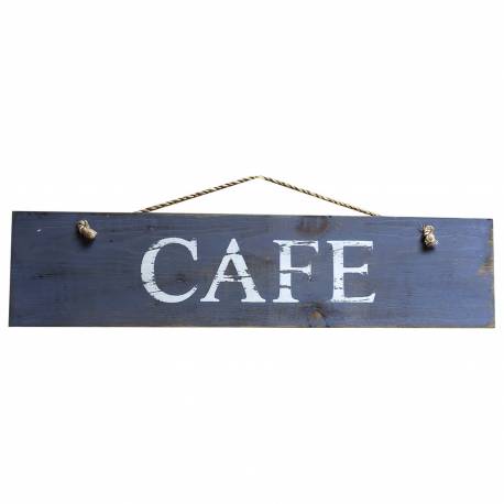 Plaque Murale "Café" Athezza Décoration à Suspendre Ecriteau en Bois Bleu et Corde Naturelle 2x13x42cm