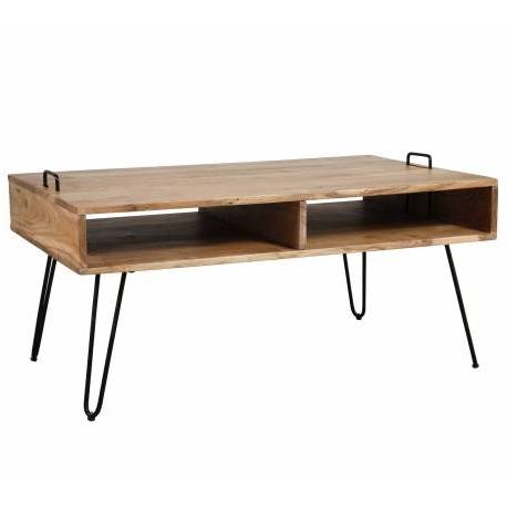 Table Basse Quadro Marque Hinsk Sellette Salon Console d'Appoint Bout de Canapé en Acier et Acacia 45x60x100cm