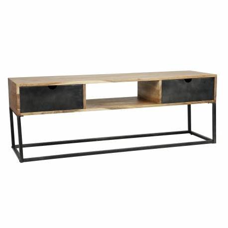 Meuble TV Catch Hinsk 2 Tiroirs 1 Niche Console de Salon en Bois d'Acacia et Métal 40x50x140cm