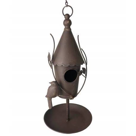 Nichoir à Oiseaux à Poser ou Maisonnette à Suspendre Motifs Oiseaux en Fer Patiné Marron 21x21x43cm