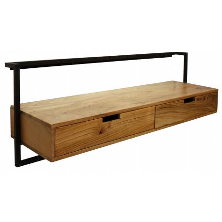Meuble TV Air Solid Hinsk 2 Tiroirs Meuble de Rangement Mural en Acacia Massif Naturel et Métal Noir 35x45x120cm