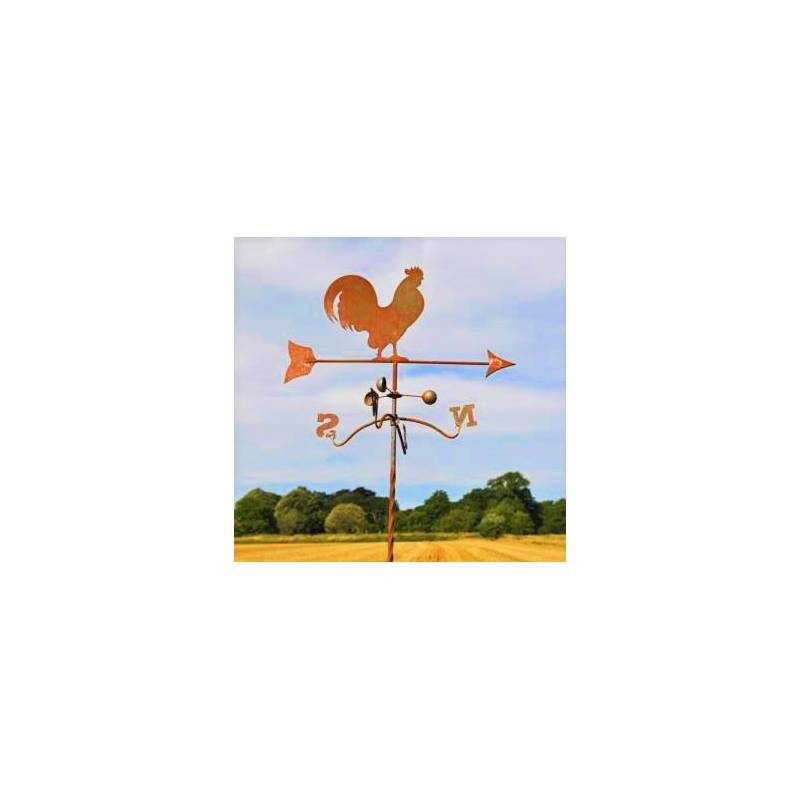 Girouette sur Pic avec 4 Points Cardinaux Motif Coq sur une Flèche en Acier  Oxydé 54x82,5x160cm - L'Héritier du Temps