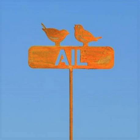 Tuteur Pic de Jardin Inscription Ail avec 2 Oiseaux Plaque Décorative en Acier Oxydé 4x11,5x57cm