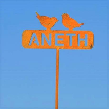 Tuteur Pic de Jardin Inscription Aneth avec 2 Oiseaux Plaque Décorative en Acier Oxydé 4x12x57cm