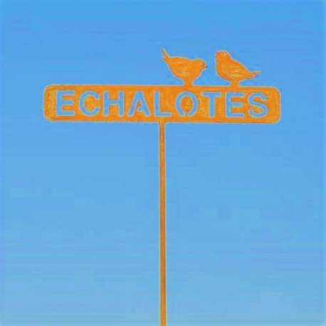 Tuteur Pic de Jardin Inscription Echalotes avec 2 Oiseaux Plaque Décorative en Acier Oxydé 4x19,5x57cm