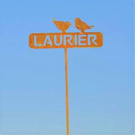 Tuteur Pic de Jardin Inscription Laurier avec 2 Oiseaux Plaque Décorative en Acier Oxydé 4x14,5x57cm