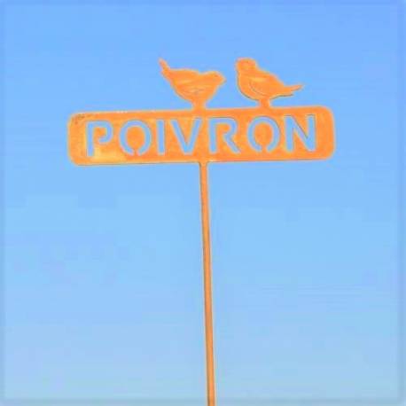 Tuteur Pic de Jardin Inscription Poivron avec 2 Oiseaux Plaque Décorative en Acier Oxydé 4x15x57cm
