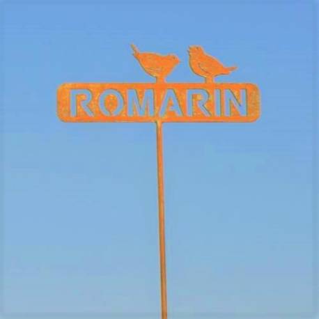 Tuteur Pic de Jardin Inscription Romarin avec 2 Oiseaux Plaque Décorative en Acier Oxydé 4x15,5x57cm