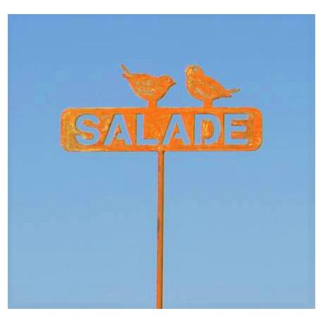 Tuteur Pic de Jardin Inscription Salade avec 2 Oiseaux Plaque Décorative en Acier Oxydé 4x14x57cm