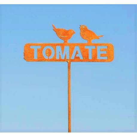 Tuteur Pic de Jardin Inscription Tomate avec 2 Oiseaux Plaque Décorative en Acier Oxydé 4x14,5x57cm