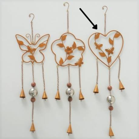 Suspension Cloche Décoration Murale Motif Cœur à Accrocher en Métal Patiné Marron 3x15,2x55cm