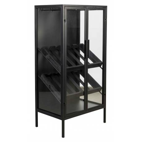 Vinothèque Rob Woody Armoire à Vin Moderne Rangement Bouteilles et Verres en Métal Bois Noir et Verre 35x52x103cm