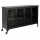 Cabinet Ferre Bas Woody Bahut sur Roulettes Meuble de Rangement 4 Portes 1 Etagère en Métal et Bois Noir 35x75x120cm