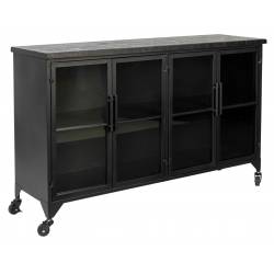 Cabinet Ferre Bas Woody Bahut sur Roulettes Meuble de Rangement 4 Portes 1 Etagère en Métal et Bois Noir 35x75x120cm