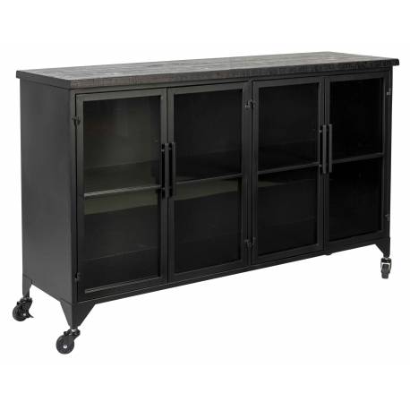 Cabinet Ferre Bas Woody Bahut sur Roulettes Meuble de Rangement 4 Portes 1 Etagère en Métal et Bois Noir 35x75x120cm
