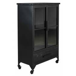Cabinet Ferre M Woody Bahut sur Roulettes Meuble de Rangement 2 Portes 1 Etagère 1 Tiroir en Acier et Sapin Noir 35x65x105cm