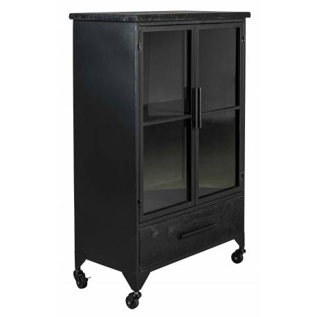 Cabinet Ferre M Woody Bahut sur Roulettes Meuble de Rangement 2 Portes 1 Etagère 1 Tiroir en Métal et Bois Noir 35x65x105cm