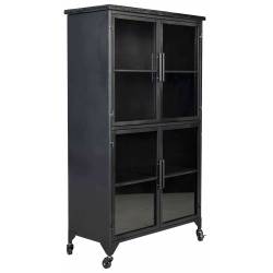 Cabinet Ferre L Woody Bahut sur Roulettes Meuble de Rangement 4 Portes 2 Etagères en Métal et Bois Noir 35x76x133cm