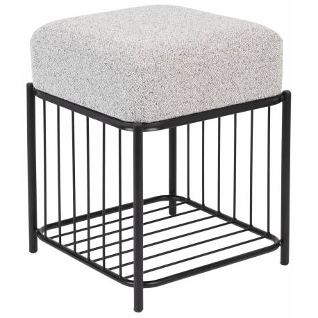Pouf Milou Carré Woody Repose-Pied Moderne Assise d'Appoint en Métal Noir et Tissu Gris 35x35x45cm