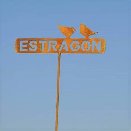 Tuteur Pic de Jardin Inscription Estragon avec 2 Oiseaux Plaque Décorative en Acier Oxydé 4x18,5x57cm