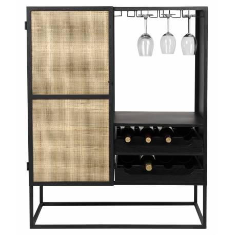 Vinothèque Basse Guuji Woody Armoire à Vin Design en Bois Noir, Métal Noir et Cannage Rotin Naturel 38x80x100cm