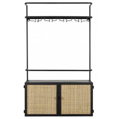 Vinothèque Murale Guuji Woody Armoire à Vin Design en Métal Noir et Cannage Rotin Naturel 18x60x100cm