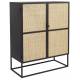 Cabinet Bas 2 Portes Guuji Woody Armoire 1 Etagère Design en Métal Noir et Cannage Rotin Naturel 38x80x100cm
