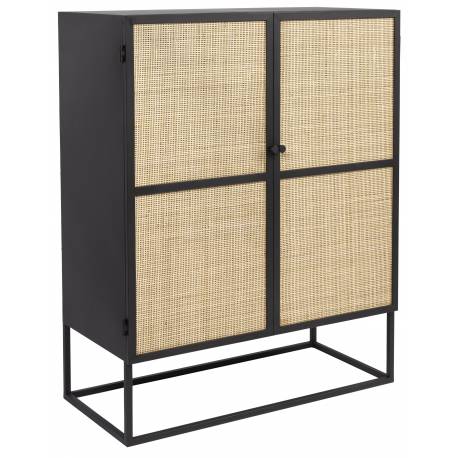 Cabinet Bas 2 Portes Guuji Woody Armoire 1 Etagère Design en Métal Noir et Cannage Rotin Naturel 38x80x100cm