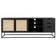 Meuble TV Guuji Woody Meuble de Rangement Design en Bois, Métal Noir et Cannage Rotin Naturel 38x55x150cm
