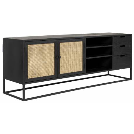 Meuble TV Guuji Woody Meuble de Rangement Design en Bois, Métal Noir et Cannage Rotin Naturel 38x55x150cm