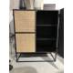 Cabinet Bas 2 Portes Guuji Woody Armoire 1 Etagère Design en Métal Noir et Cannage Rotin Naturel 38x80x100cm
