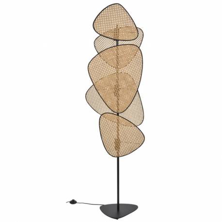 Lampadaire 3 Lumières Screen Market Set Eclairage Moderne en Tissu Noir Cannage Naturel et Métal Noir 27x50x179cm