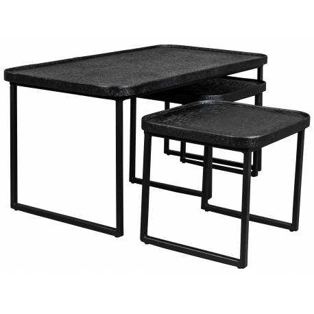 Set de 3 Tables Basses Winston Dutchbone Trio de Sellettes Modernes Guéridons en Bois, Résine et Métal Noir 40x45x80cm