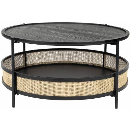 Table Basse Makoto Noir Woody Table d'Appoint Moderne Console en Métal, Bois et Cannage Noir et Naturel 40x80x80cm