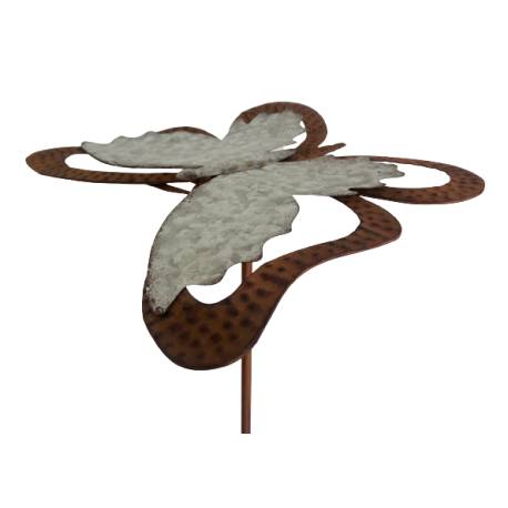 Pic de Jardin ou Tuteur à Plantes Motif Papillon en Fer Patiné Gris et Couleur Rouille 30x38x122cm