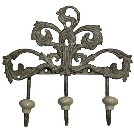 Patère Triple Motifs Feuilles ou Porte Serviettes 3 Crochets en Métal et Porcelaine Patiné Gris 4x16,5x17,5cm