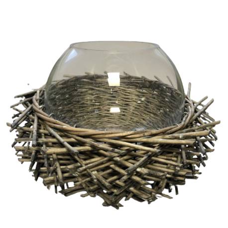 Vase Pot de Fleurs Nid Globe en Verre Bougeoir Objet de Décoration en Bois Naturel et Verre 16,5x30x30cm