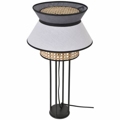 Lampe Singapour Market Set Luminaire Moderne en Métal Noir Cannage Naturel et Lin Lavé Couleur Blanc et Anthracite 30x30x56cm